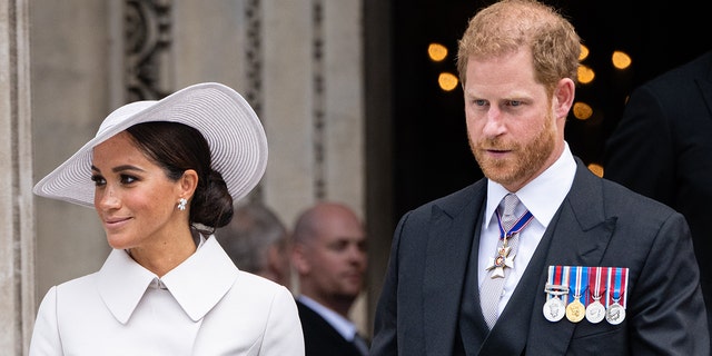Meghan Markle, Duchess of Sussex and Prince Harry, Duke of Sussex attend the National Service of Thanksgiving at St Paul's Cathedral on June 3, 2022, in London.