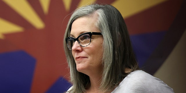 Then-Arizona Democratic gubernatorial candidate Katie Hobbs holds a campaign event at the Carpenters Local Union 1912 headquarters in Phoenix on Nov. 5, 2022.