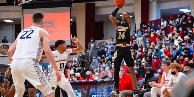 Hansel Emmanuel of Life Christian Academy shoots against Wilbraham and Monson Academy on Jan. 17, 2022, at Blake Arena in Springfield, Massachusetts.