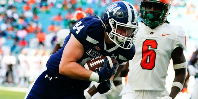 Jackson State Tigers tight end Hayden Hagler (84) scores a touchdown against the Florida A & M Rattlers during the second half at Hard Rock Stadium.