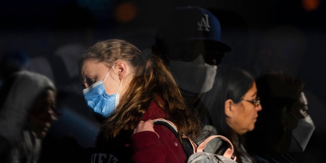 Travelers with protective face masks wait in line to check in at the Los Angeles International Airport in Los Angeles, Monday, Dec. 19, 2022. 