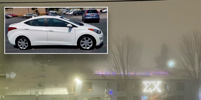 The Sigma Chi house at the University of Idaho through fog on Dec. 13, 2022. Inset: A reference image showing the type of Hyundai Elantra that police are looking for.