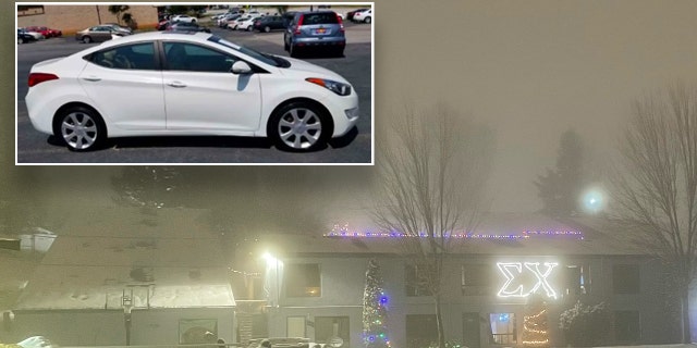 The Sigma Chi house at the University of Idaho through fog on Dec. 13, 2022. Inset: A reference image showing the type of Hyundai Elantra that police are looking for.