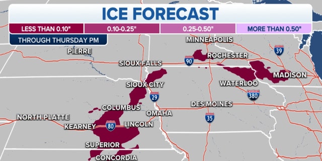 Ice forecast through Thursday afternoon from the Plains to Michigan