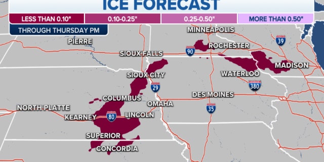 Ice forecast through Thursday afternoon from the Plains to Michigan