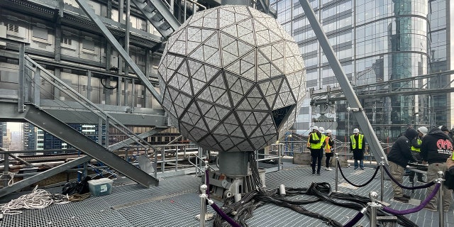 Triangular panels are placed inside the Times Square ball ahead of New Year's Eve on Dec. 27, 2022.