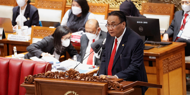 Bambang Wuryanto, head of the parliamentary committee overseeing the review of the Indonesian penal code, speaks during a parliamentary plenary meeting in Jakarta, Indonesia.