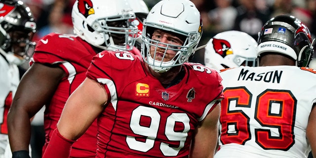 Arizona Cardinals defensive end J.J. Watt (99) celebrates a defensive stop against the Tampa Bay Buccaneers during the first half of an NFL football game, Sunday, Dec. 25, 2022, in Glendale, Ariz.