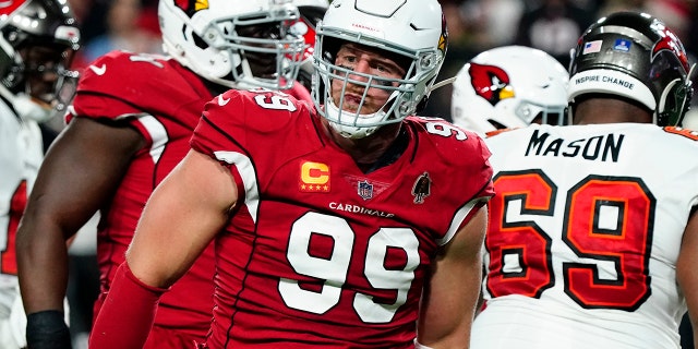 Arizona Cardinals defensive end J.J. Watt (99) celebrates a defensive stop against the Tampa Bay Buccaneers during the first half of an NFL football game, Sunday, Dec. 25, 2022, in Glendale, Ariz.