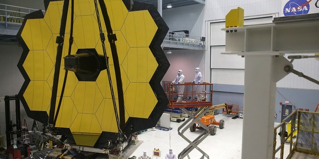 Engineers and technicians assemble the James Webb Space Telescope Nov. 2, 2016, at NASA's Goddard Space Flight Center in Greenbelt, Maryland.