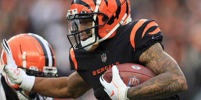 Bengals' Ja'Marr Chase runs against the Cleveland Browns, Sunday, Dec. 11, 2022, in Cincinnati.