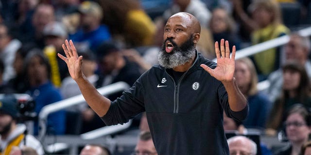 Brooklyn Nets coach Jacque Vaughn reacts to action on the court during the first half of the team's NBA basketball game against the Indiana Pacers in Indianapolis, Saturday, Dec. 10, 2022.