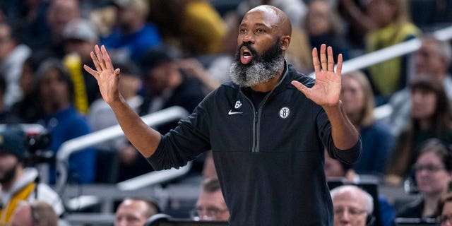 Brooklyn Nets coach Jacque Vaughn reacts to action on the court during the first half of the team's game against the Indiana Pacers in Indianapolis Dec. 10, 2022.