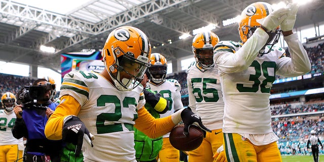 Jaire Alexander, #23 of the Green Bay Packers, celebrates after an interception against the Miami Dolphins during the fourth quarter of the game at Hard Rock Stadium on Dec. 25, 2022 in Miami Gardens, Florida.