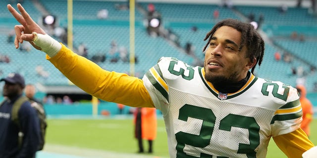 Jaire Alexander, #23 of the Green Bay Packers, runs off the field after defeating the Miami Dolphins at Hard Rock Stadium on Dec. 25, 2022 in Miami Gardens, Florida.