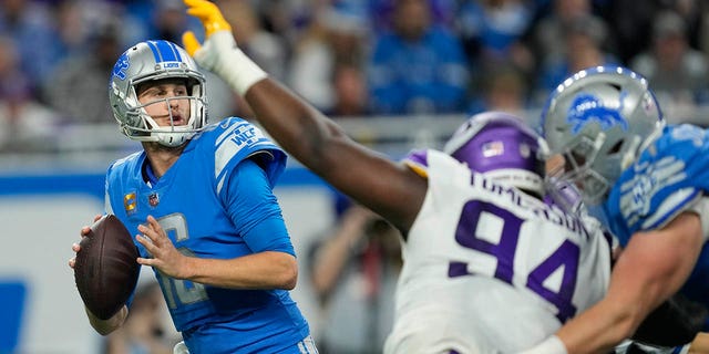 Lions' Jared Goff throws against the Minnesota Vikings Sunday, Dec. 11, 2022, in Detroit.