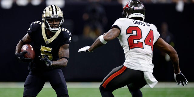 Jarvis Landry (5) of the New Orleans Saints in action against the Tampa Bay Buccaneers at Caesars Superdome Sept. 18, 2022, in New Orleans.