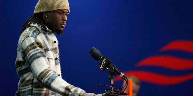 Broncos wide receiver Jerry Jeudy talks during a news conference after the Kansas City Chiefs game, Sunday, Dec. 11, 2022, in Denver. 