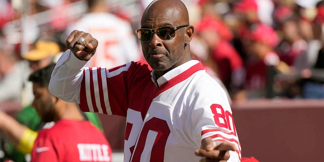 Former San Francisco 49ers and Hall of Famer Jerry Rice cheers during the game against the Kansas City Chiefs at Levi's Stadium on October 23, 2022 in Santa Clara, California.