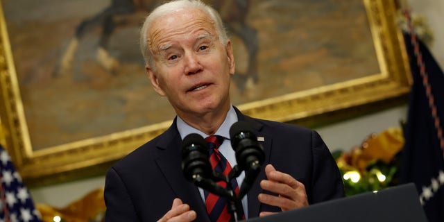 President Biden delivers brief remarks before signing bipartisan legislation averting a rail workers strike in the Roosevelt Room at the White House on Dec. 2, 2022, in Washington, D.C.