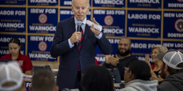 President Joe Biden speaks to volunteers at an International Brotherhood of Electrical Workers (IBEW) phone banking event on Dec. 2, 2022, in Boston, Massachusetts.