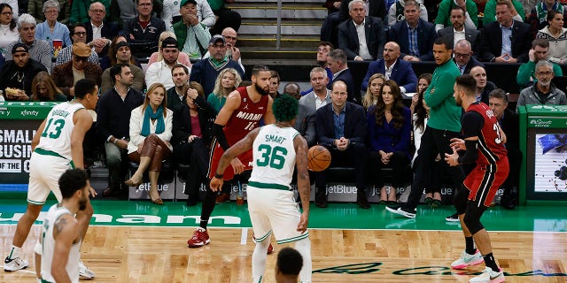 Prince William and Kate Middleton watch the game between the Boston Celtics and the Miami Heat at the TD Garden on November 30, 2022 in Boston.