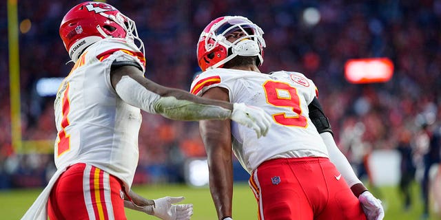 Kansas City Chiefs wide receiver JuJu Smith-Schuster (9) celebrates his touchdown catch during the second half against the Denver Broncos, Sunday, Dec. 11, 2022, in Denver.