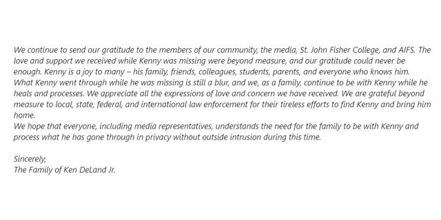 Statement provided by Kenneth DeLand Jr. 's family on December 20, 2022.
