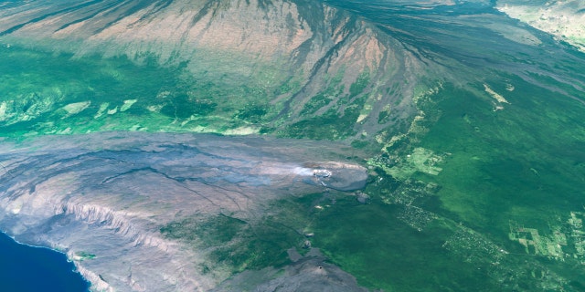 This is a 3D-enhanced satellite image of Mount Kilauea on the Big Island of Hawaii.