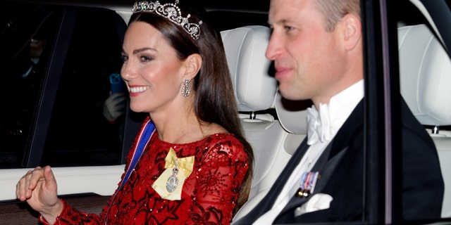 The Prince and Princess of Wales arrive at Buckingham Palace for the Diplomatic Corps reception.