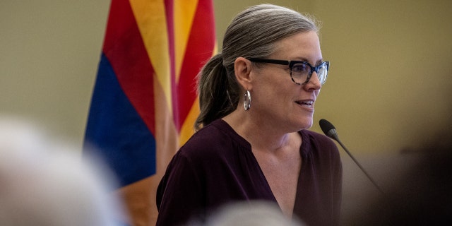 Democratic candidate for Arizona governor Katie Hobbs speaks to supporters at a campaign rally on Nov. 6, 2022, in Tucson, Arizona. 