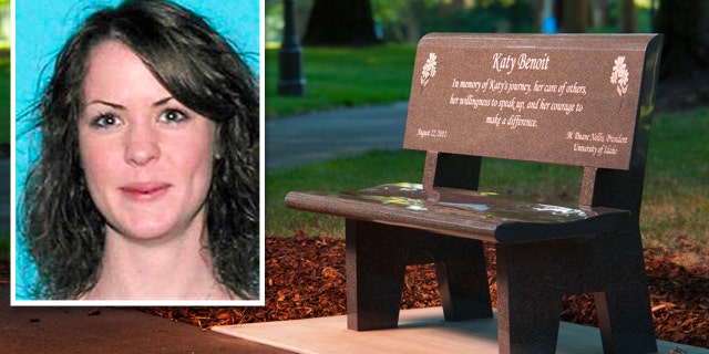 A University of Idaho memorial for Katy Benoit, a former graduate student who was shot and killed by a professor in 2011. Inset: Katy Benoit.