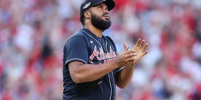 Kenley Jansen of the Atlanta Braves responds to a home run by Bryce Harper of the Philadelphia Phillies during the eighth inning of Game 4 of the National League Division Series at Citizens Bank Park in October.  February 15, 2022 in Philadelphia.