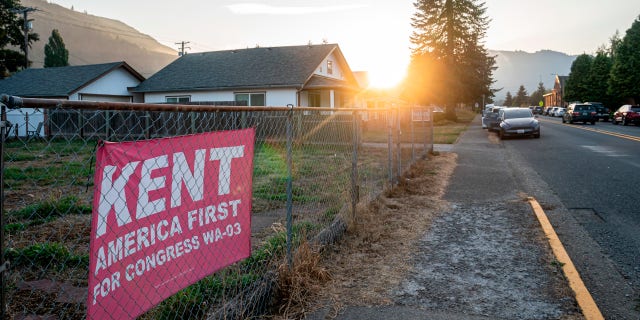 A campaign flag for Republican Congressional candidate Joe Kent is displayed near a campaign event on Oct. 5, 2022, in Morton, Washington.