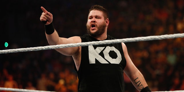 Kevin Owens celebrates his victory over Cesaro at WWE SummerSlam 2015 at Barclays Center in Brooklyn on August 23, 2015 in New York City.