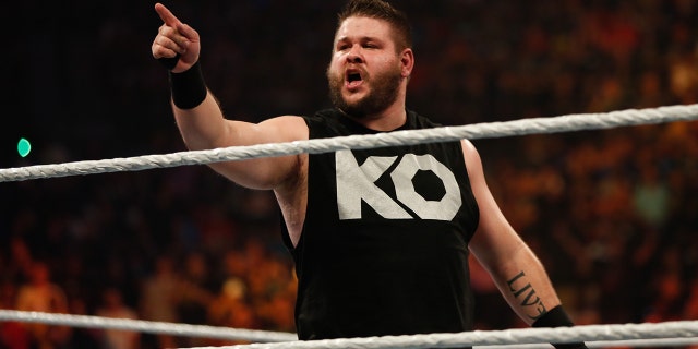 Kevin Owens celebrates his victory over Cesaro at WWE SummerSlam 2015 at Barclays Center in Brooklyn on August 23, 2015 in New York City.