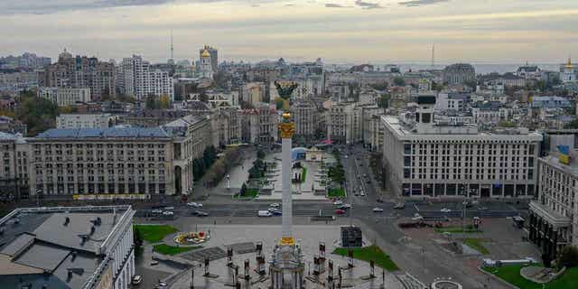 Independence Square and the skyline of Kyiv are shown above on October 19, 2022, amid Russia's military invasion of Ukraine. Ukrainian embassies and consulates in six European countries received packages containing animal eyes in the past few days.