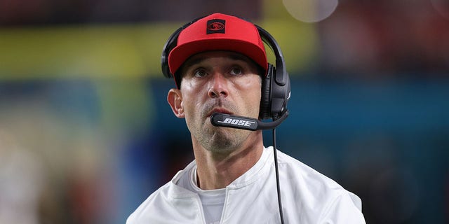 MIAMI, FLORIDA - FEBRUARY 2: Head coach Kyle Shanahan of the San Francisco 49ers reacts to the Kansas City Chiefs during the second quarter in Super Bowl LIV at Hard Rock Stadium on February 2, 2020, in Miami, Florida.