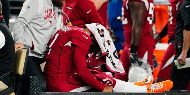 Arizona Cardinals quarterback Kyler Murray (1) is carted off the field after an injury during the first half of a game against the New England Patriots Dec. 12, 2022, in Glendale, Ariz. 