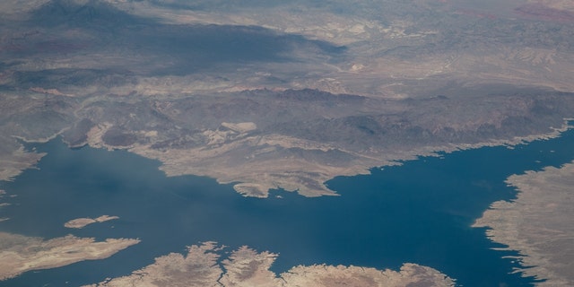 Lake Mead and the Colorado River are viewed from 34,000 feet on April 16, 2017, near Las Vegas, Nevada.