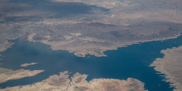 Lake Mead and the Colorado River are viewed from 34,000 feet on April 16, 2017, near Las Vegas, Nevada.