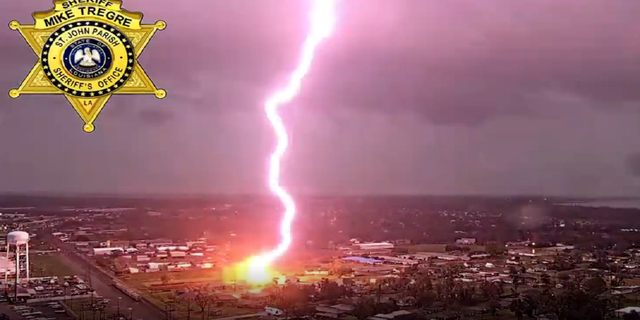 A lightning strike is seen on video in LaPlace, Louisiana, around 3 p.m. Wednesday.