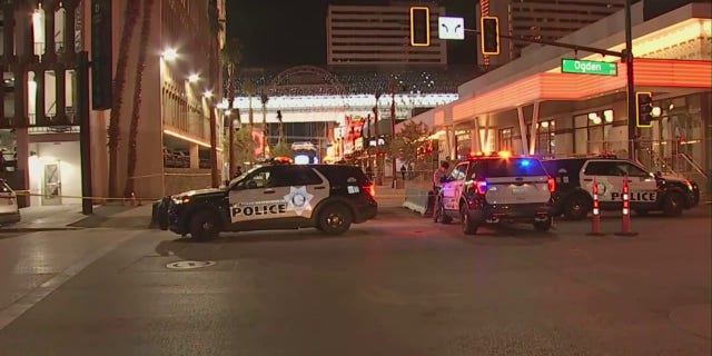 The scene of a shooting in Las Vegas near Fremont Street Experience tourist attraction is seen Thursday night.