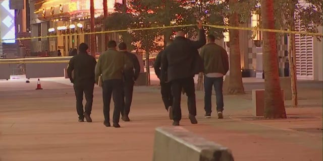 The scene of a shooting in Las Vegas near Fremont Street Experience tourist attraction is seen Thursday night.