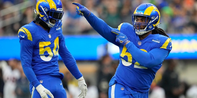 Los Angeles Rams' Terrell Lewis celebrates after Rams sack Denver Broncos quarterback Russell Wilson during the first half of an NFL football game between the Los Angeles Rams and the Denver Broncos on Sunday, Dec. 25, 2022, in Inglewood, Calif.