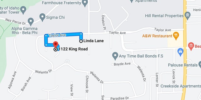 A map showing the route from 1122 King Road along Taylor Road to Linda Lane, where a security camera captured vehicles on Taylor Road Nov. 13 around the time of the murders.