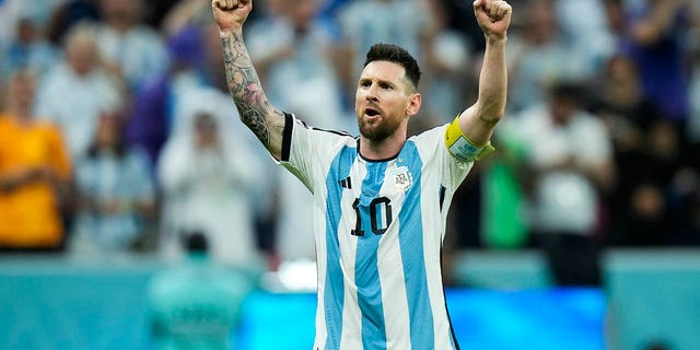 Argentina's Lionel Messi celebrates after scoring Argentina's second goal during the World Cup quarterfinal soccer match between the Netherlands and Argentina, at the Lusail Stadium in Lusail, Qatar, Friday, Dec. 9, 2022.