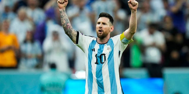 Argentina's Lionel Messi celebrates after scoring Argentina's second goal during the World Cup quarterfinal soccer match between the Netherlands and Argentina, at the Lusail Stadium in Lusail, Qatar, Friday, Dec. 9, 2022. 