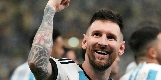 Argentina's Lionel Messi celebrates after the World Cup final match against France in Lusail, Qatar, Sunday, Dec. 18, 2022.