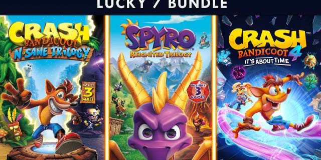 Lucky-7 bundle of video games, including Crash Bandicoot and Spyro.